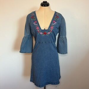 Vintage floral embroidered denim mini dress with bell sleeves